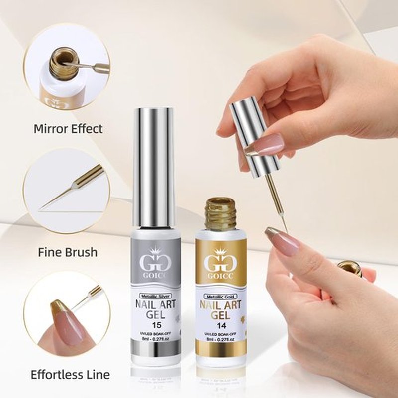 Metallic Gel Nail Polish Gold Gel Liner For Nail Art Chrome Silver Nail Polish 8ml 2 PCS 3D Mirror Chrome Effect Painting with Thin Brush French Nail Design Curing Requires (Metallic Sliver Gold)
