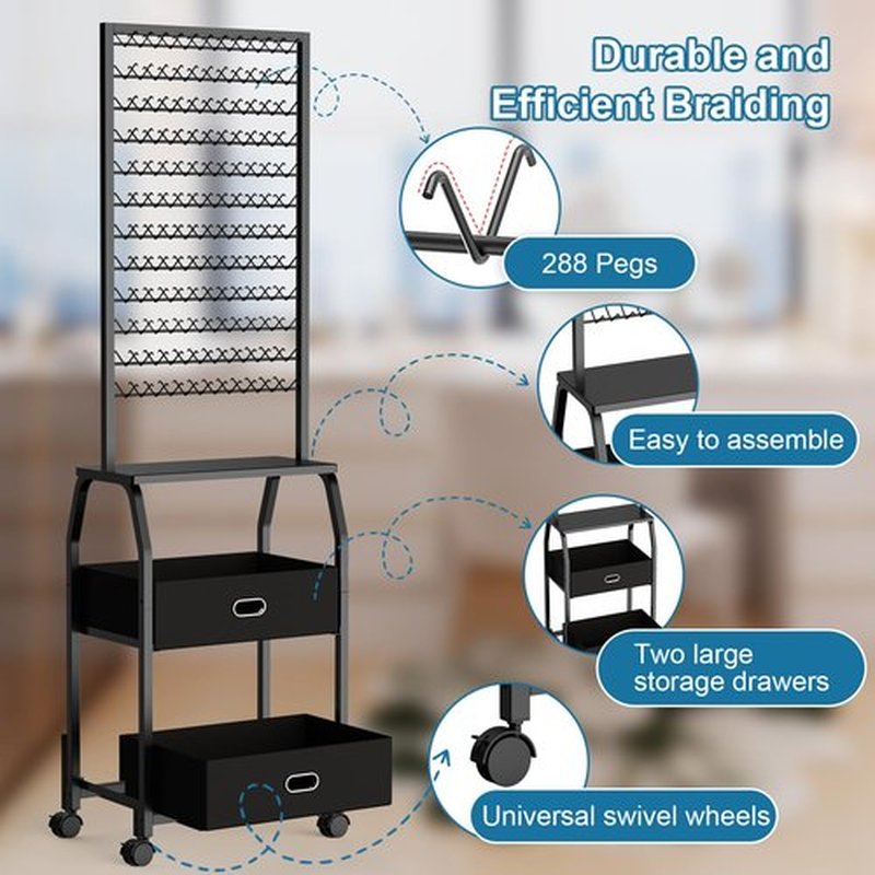 Portable Braiding Hair Rack with Wheels & Storage Drawers,2-Sided 288 Pegs,Hair Extension Holder Hanger for Braiding Hair Separator Stand Display,Hair Rack with Stylist Hair braiding Tools (Black)