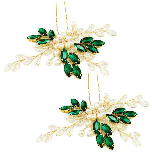 PRETTYLIFE Crystal Wedding Hair Pins Pearl Rhinestone Flower Bridal Hair Pieces Decorative Accessories for Women and Girls (Pack of 2) (Green)