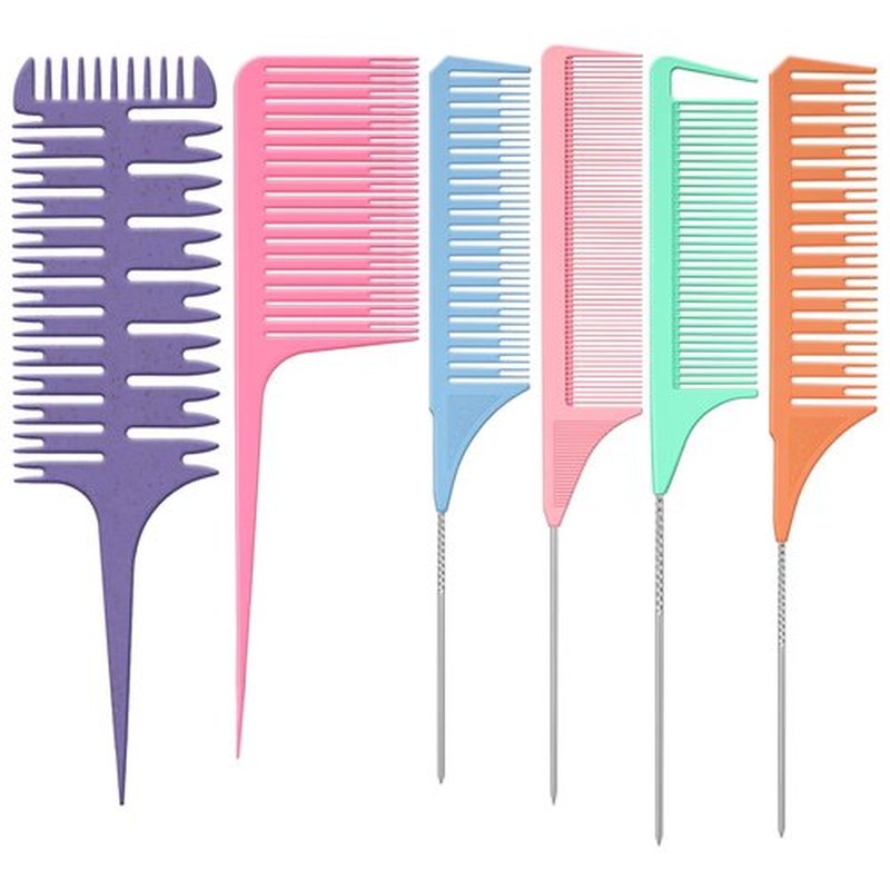 Patelai 6 Pieces Highlighting Comb Set Weaving Hair Dyeing Comb Weaving Sectioning Foiling Rat Tail Styling for Highlights Foiling Balayage Hair Coloring Men Women (Multicolor Style)