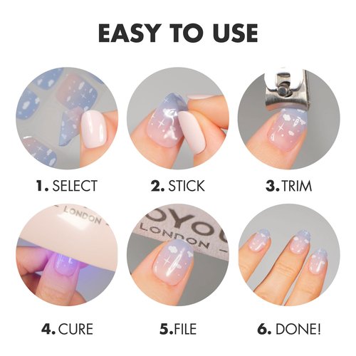 MOYOU LONDON Semi Cured Gel Nail Strips - 20 Pcs. Waterproof Gel Nail Wraps, Cures in Sunlight or UV/LED Lamp, Lasts Up to 2+ Weeks, Stretchable, Easy to Apply & Remove, Vegan & Cruelty-Free