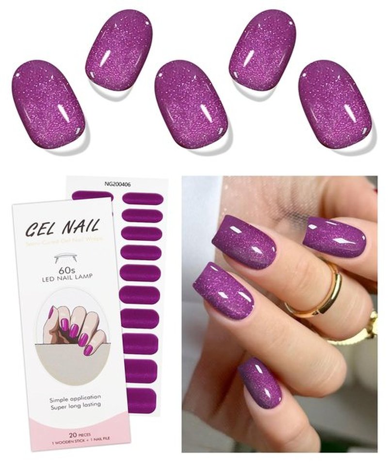 JMEOWIO Semi Cured Gel Nail Strips Purple Pink Cat Eye Gel Nail Stickers Nails Art Design Decoration Accessories