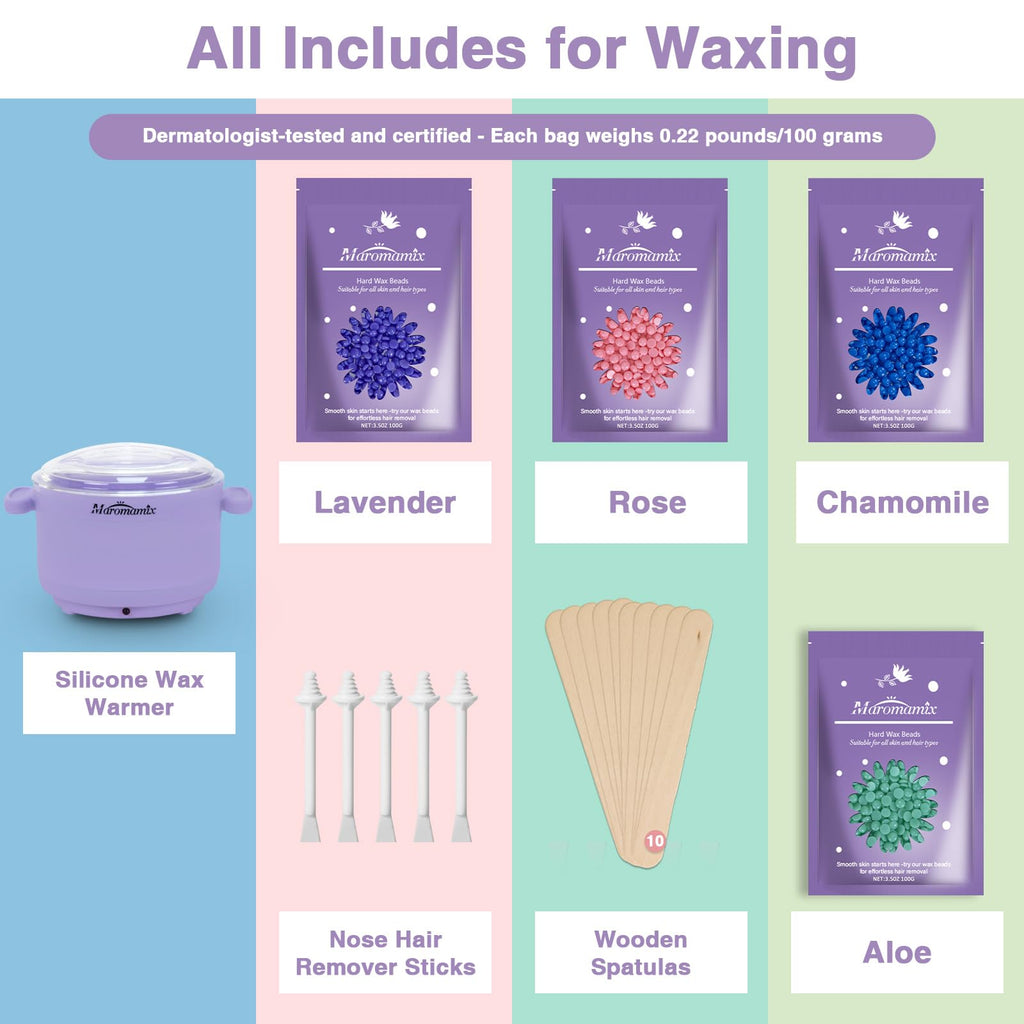Waxing Kit -Silicone Wax Warmer for Hair Removal with 4 Packs of Hard Wax Beads, Portable Electric Silicone Wax Machine for Full Body Face Eyebrows Bikini Brazilian at Home Waxing Kit for Men Women