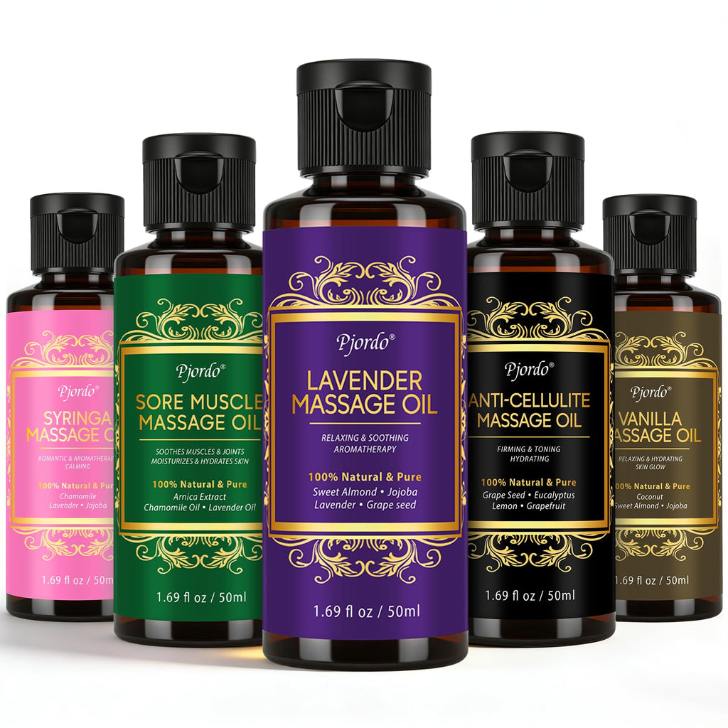 Pjordo 5 Pack Massage Oil for Massage Therapy, Lavender, Vanilla, Sore Muscle, Syringa & Anti Cellulite Massage Oil Kit for Relaxing Muscle & Soothing The Body, Home Spa Gift for Her Him