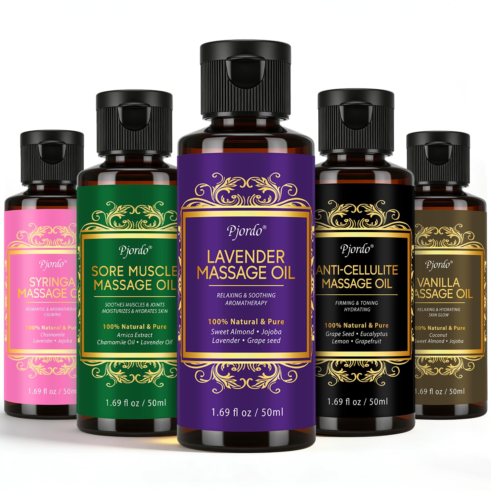 Pjordo 5 Pack Massage Oil for Massage Therapy, Lavender, Vanilla, Sore Muscle, Syringa & Anti Cellulite Massage Oil Kit for Relaxing Muscle & Soothing The Body, Home Spa Gift for Her Him