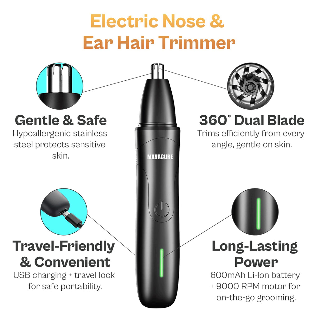 BOX90210 Manacure Nose & Ear Hair Trimmer – Professional Electric Precision Grooming Tool for Effortless, Nose and Ear Hair Removal, High-Performance Design