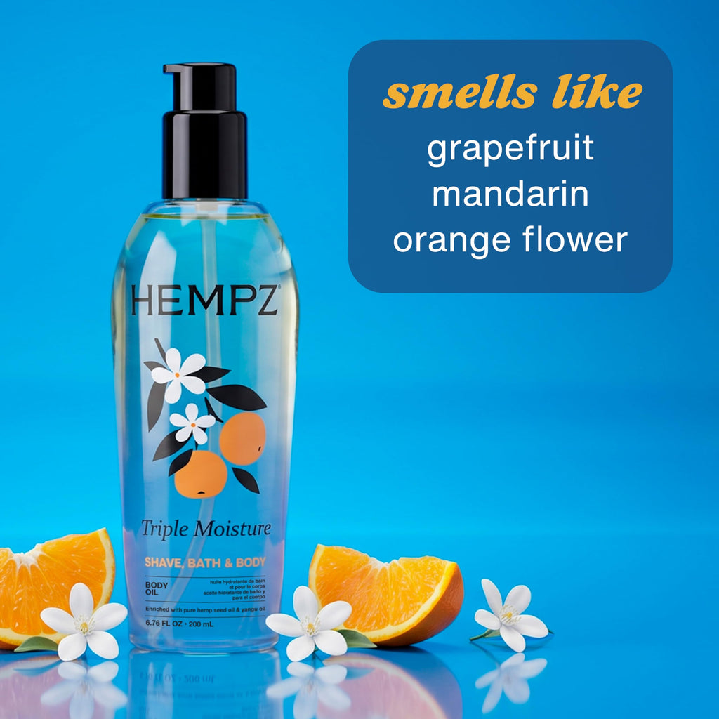Hempz Triple Moisture Fresh Citrus Herbal Hydrating Multi-Purpose Body Oil for Face or Body - Moisturizing Bath, Shower, or Shaving Oil for Dry or Sensitive Skin for Women & Men, 6.76 Oz