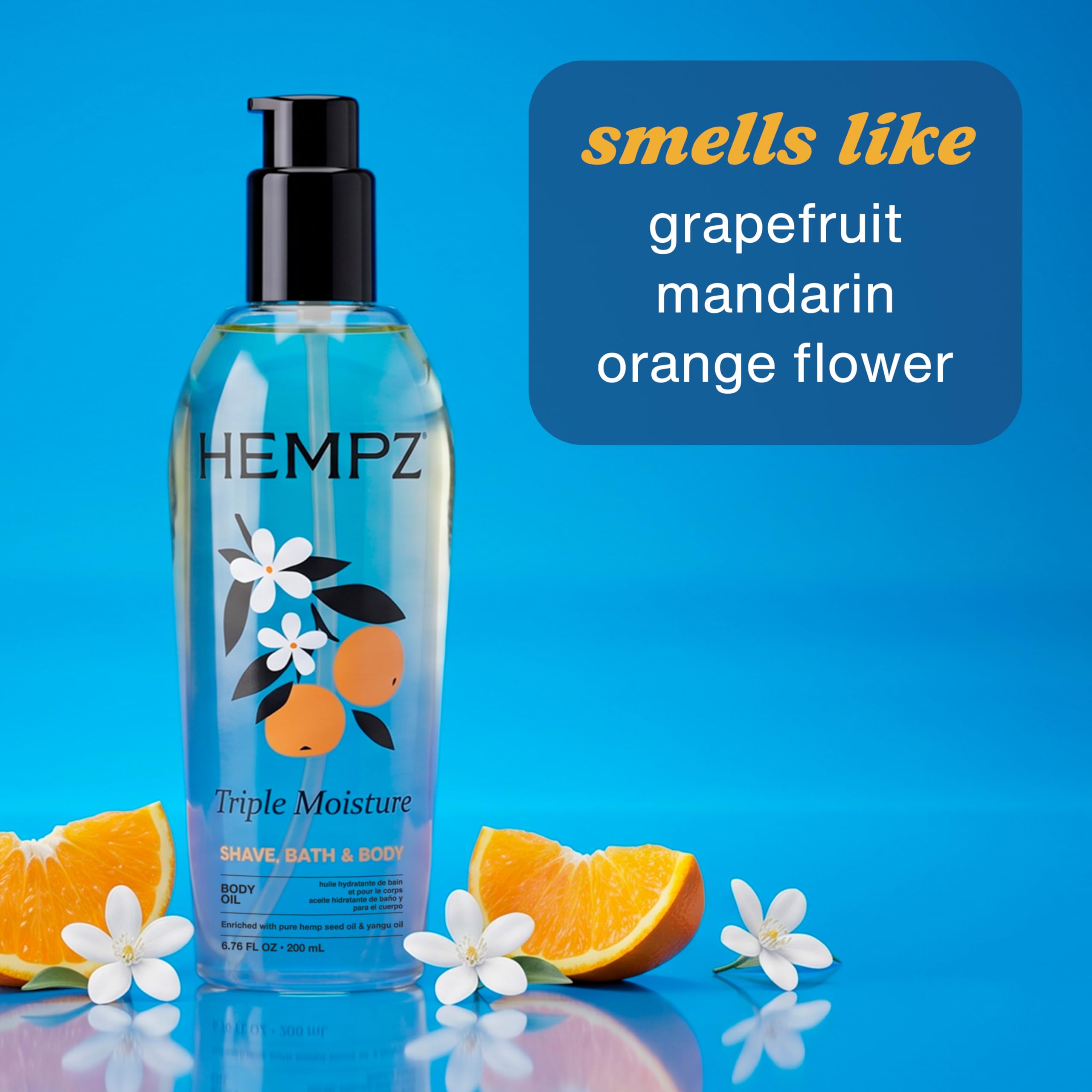 Hempz Triple Moisture Fresh Citrus Herbal Hydrating Multi-Purpose Body Oil for Face or Body - Moisturizing Bath, Shower, or Shaving Oil for Dry or Sensitive Skin for Women & Men, 6.76 Oz