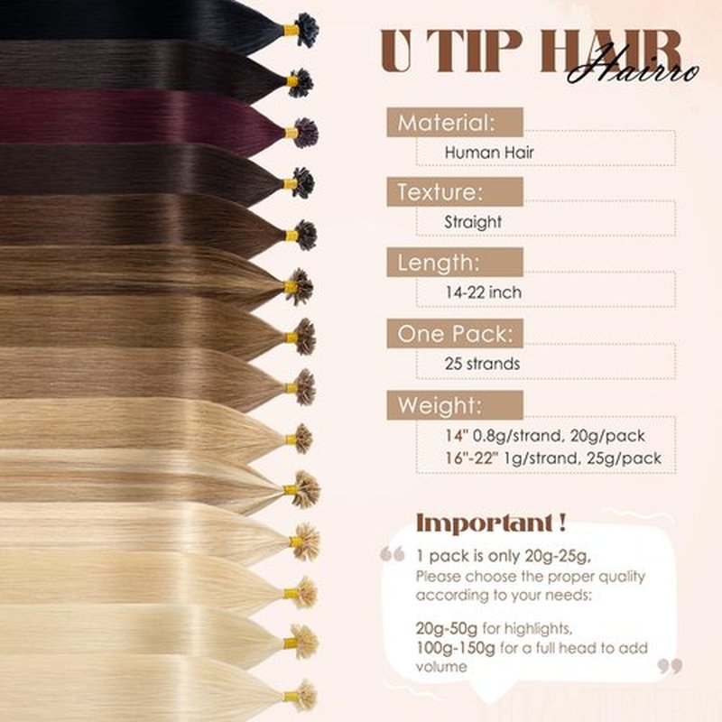 Hairro U Tip Hair Extensions Human Hair Pre Bonded Hot Fusion Keratin Nail Tipped Utips Ktip For Women 16 inch 25g 25 Strands #60R Platinum Blonde