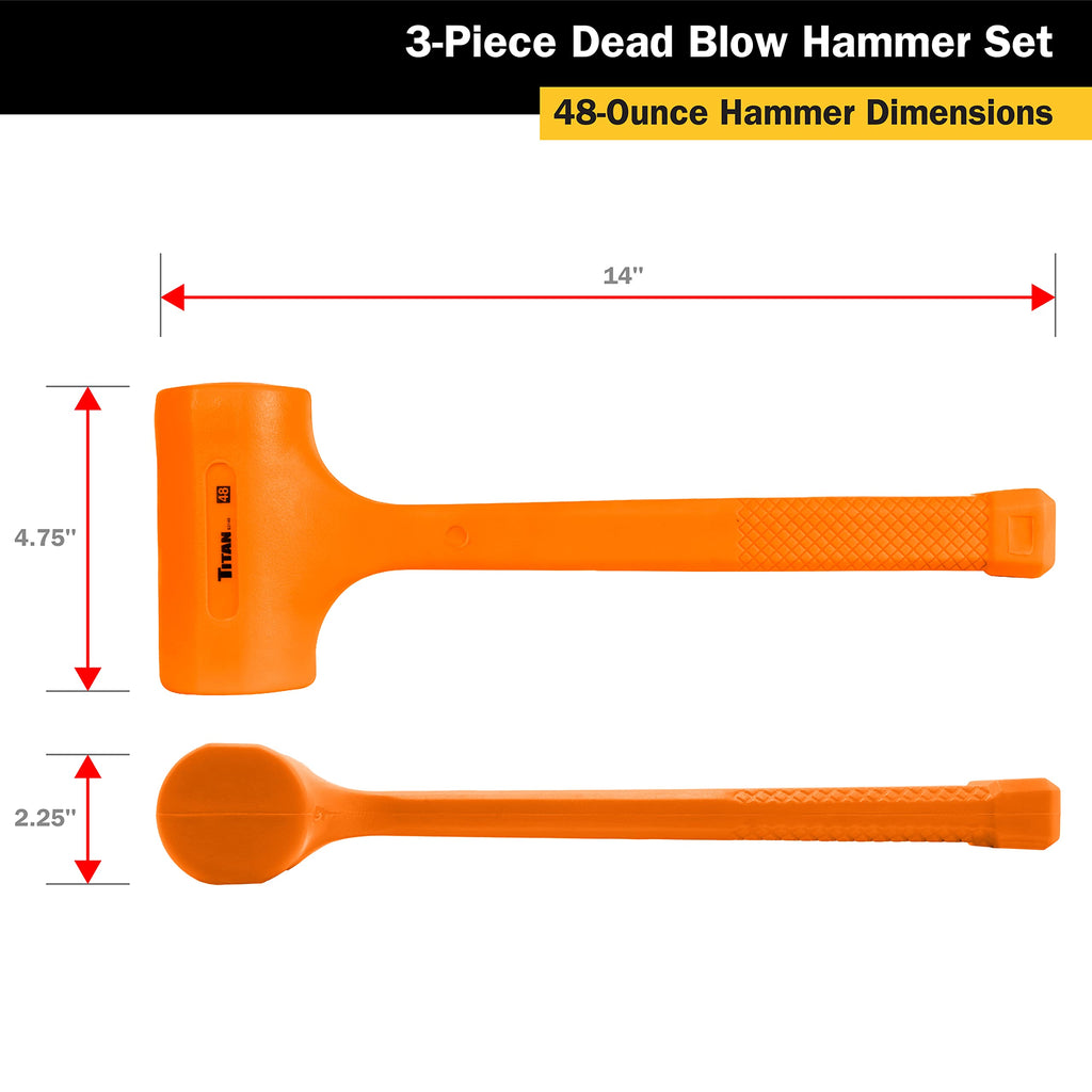Titan 63143 3-Piece Dead Blow Hammer Set, Includes 1lb, 2lb & 3lb with Non-slip Diamond Textured Handles, Spark & Rebound Resistant