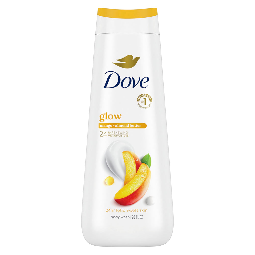 Dove Body Wash Glow Mango & Almond Butter for 24hr Lotion-Soft Skin Moisturizing Skin Cleanser with No Sulfates No Parabens 20 oz