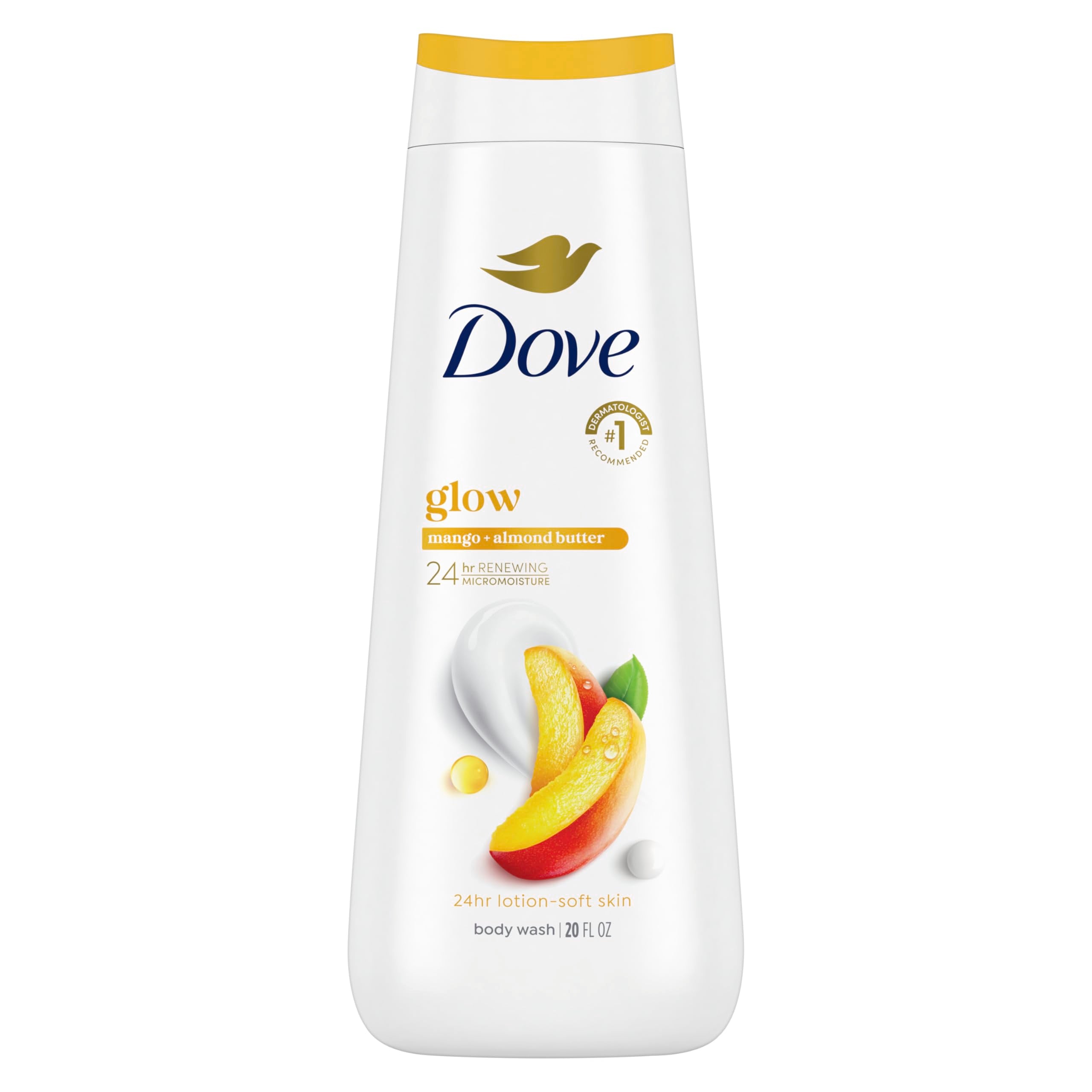 Dove Body Wash Glow Mango & Almond Butter for 24hr Lotion-Soft Skin Moisturizing Skin Cleanser with No Sulfates No Parabens 20 oz