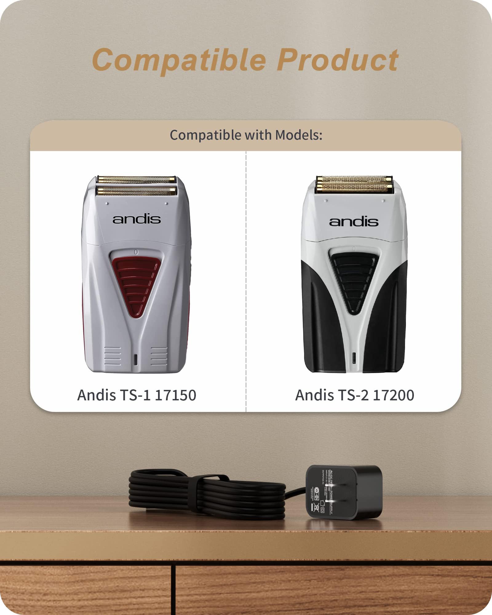 5V Replacement for andis Shaver Charger fits for Andis TS-1 TS-2 17150 17165 17205 17200 foil Shaver, to Replace ZD5C050100USW Z05C050100USW Class 2 Power Cord