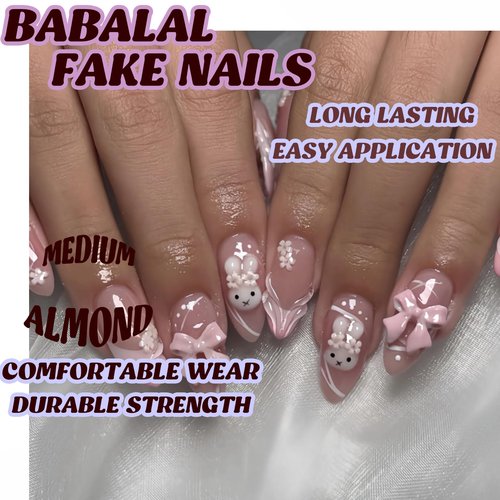 BABALAL Acrylic Press on Nails Medium Almond Fake Nails Pink French Tip Glue ons Bow Charm Design Cute Rabbit Nails Supplies 24Pcs Full Cover False Nails