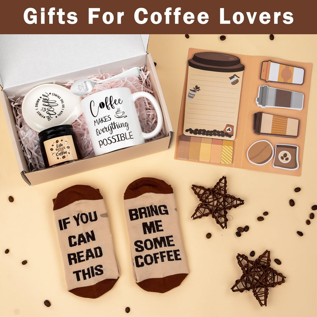 Ithmahco Coffee Lover Gifts for Women Men - Includes Mug Spoon Rest Holder Candle Socks Sticky Notes Set, Coffee Gift Basket for Birthday Mothers Day Galentines Valentines Day Christmas Gift Ideas
