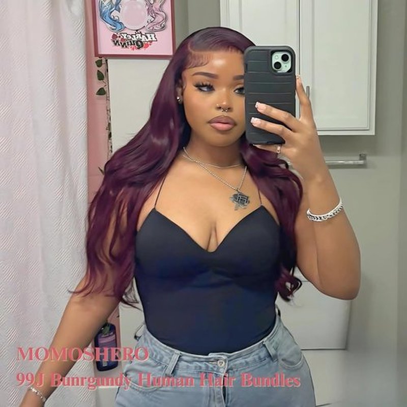 99j Dark Burgundy Body Wave 3 Bundles with 4x4 Closure Human Hair HD Lace Free Part, 12A Soft and Glossy #99j Wine Color 100% Brazilian Virgin Remy Hair Bundles with Closure 10 12 14+10 Inch