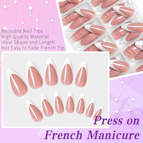 Lifextol 120pc White French Tip Press on Nails Medium Fake Nails Press ons &Adhesive Tab, False Acrylic Nail Press on Nail Almond Nail Tips Artificial Glue on Nails Fingernail Stick Nails