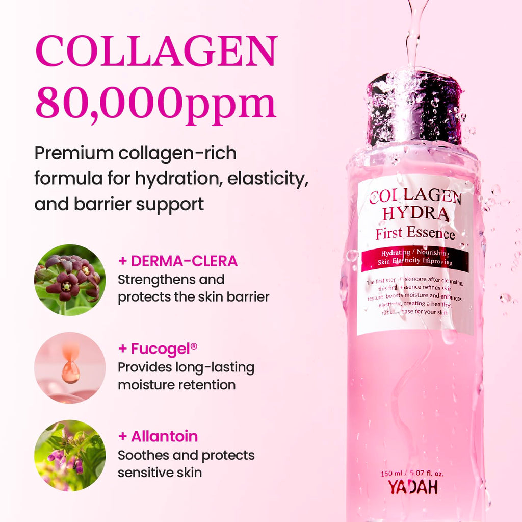 YADAH Collagen Hydra Essence – Deep Hydration, Soothing with 80,000ppm Collagen peptides and Triple Hyaluronic Acid, Centella Asiatica Extract, Niacinamide – 5.07 fl oz