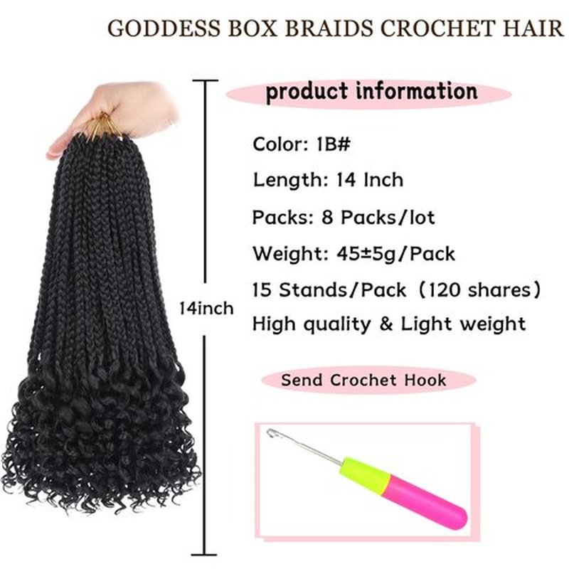 14 Inch Crochet Box Braids Crochet Hair with Curly Ends 8 Packs Pre-looped 3X Goddess Box Braids Hair Extensions Synthetic Bohemian Box Braiding Hair for Women (15Strands/pack 1B#)
