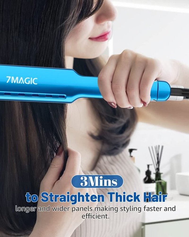 7MAGIC Nano Titanium Flat Iron - Fast Heating Hair Straightener for Thick Hair, Blue | Damp to Dry Styling