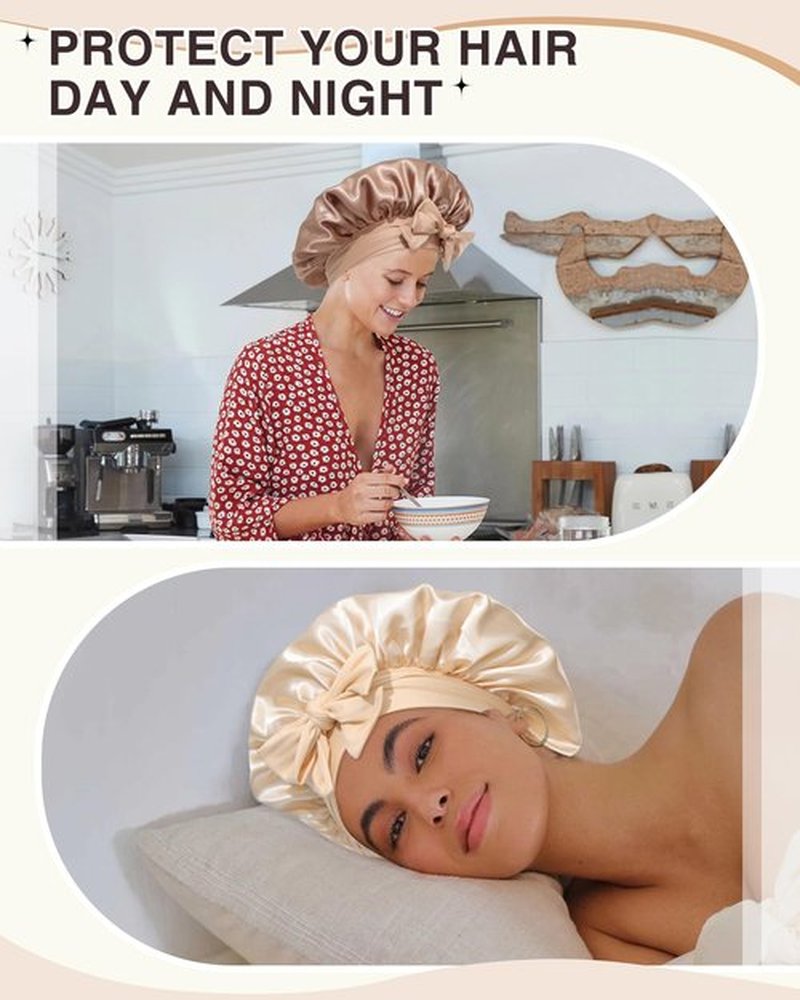 2PCS Satin Bonnets Silk Bonnet for Sleeping Women Curly Hair Bonnet with Tie Band Bonnets Sleep Cap (US, Numeric, 7, 7 3/8, Elastic Tie Band -Brown +Champagne)