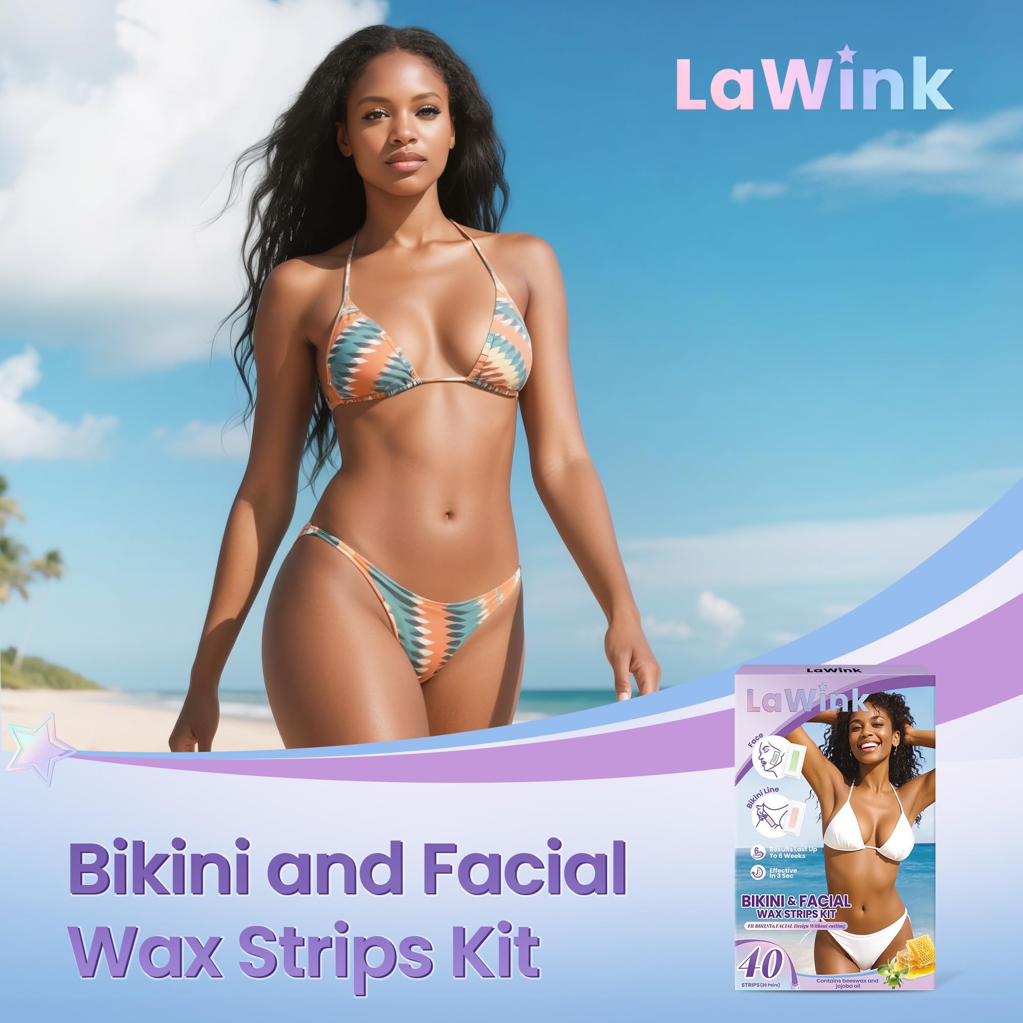 LAWINK Wax Strips for Hair Removal, 40Pcs Facial Hair Removal for Women Bikini Waxing Strips Kit with 4 Calming Oil Wipes, Body Waxing Kit for Face, Bikini, Chest, Body, Arms, Legs, Back, & Brazilian