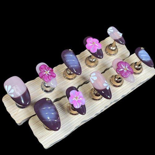 Handmade Press On Nails, 3D Floral Design, Medium Almond Shape, Pink Purple Ombre with Flower Accents, Reusable Acrylic False Nails (Grape, M Size)