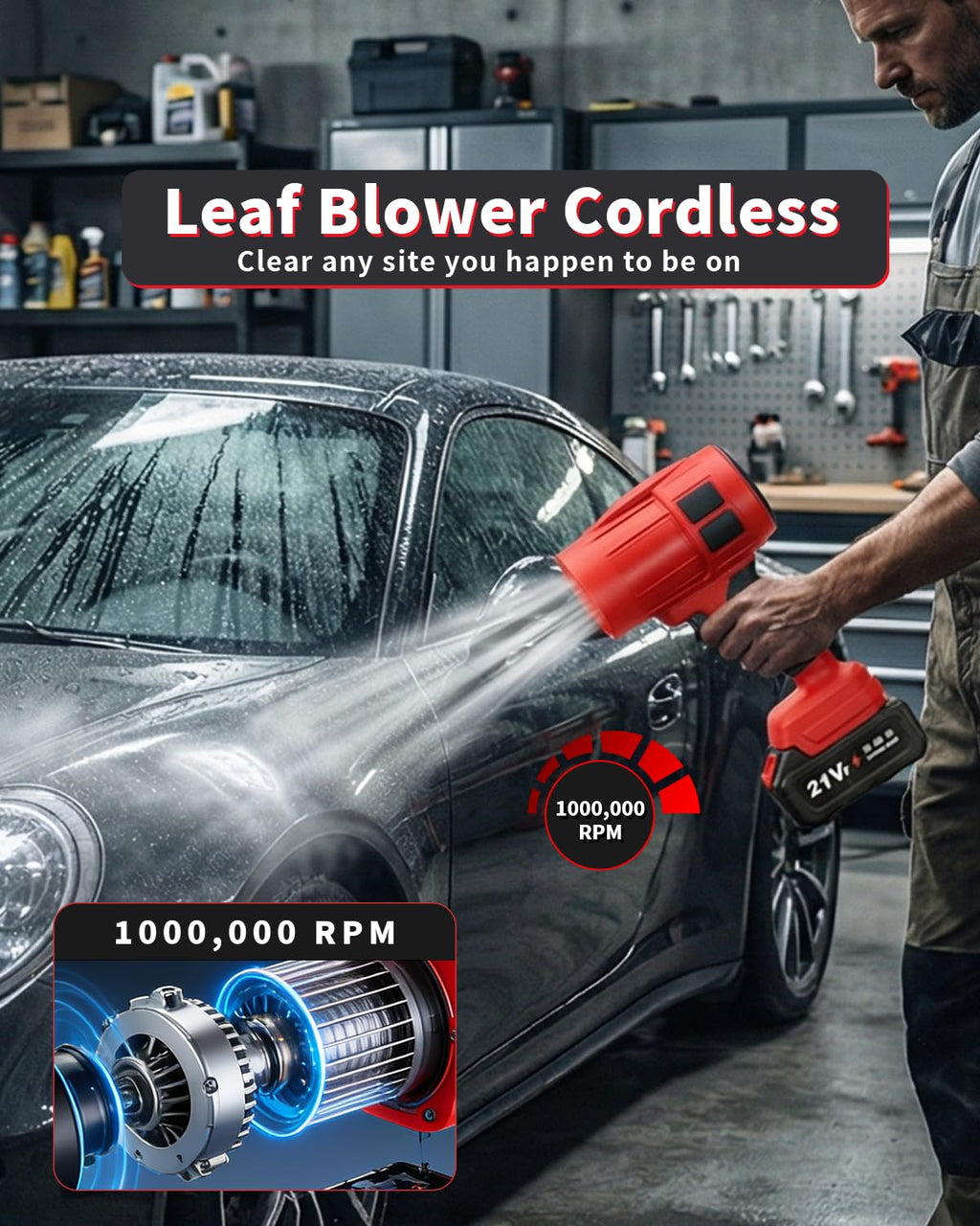 Power Leaf Blower 21V Cordless Lightweight Handheld Electric Turbo Jet 2x4Ah Batteries Fast Charger 1000,000 RPM High Speed with Ergonomic Handle for Yard Cleaning Lawn Maintenance Blowing Leave (Red)