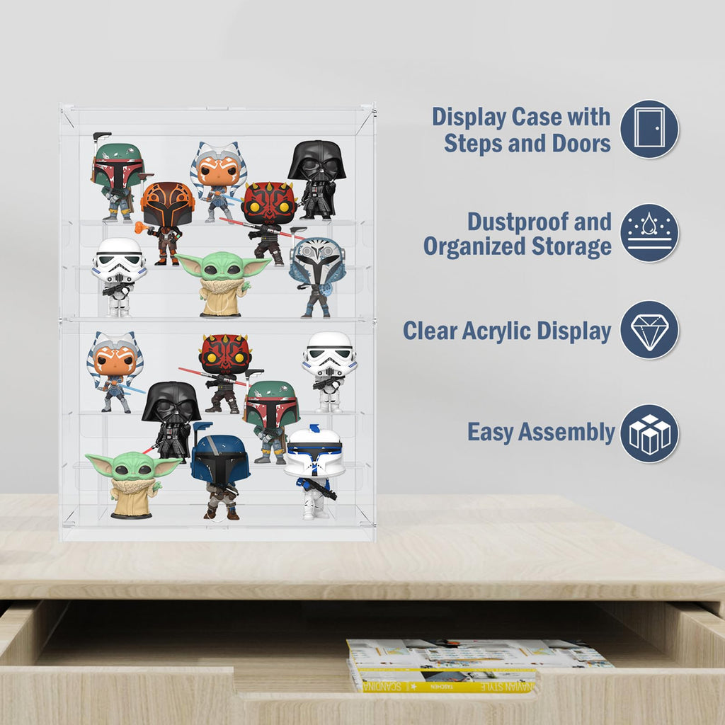 Nynelly 2 Tier Acrylic Display Case for Collectibles, Clear Display Boxes with Shelves and Door, Assemble Countertop Minifigure Showcase for Action Figures,Funko Pop, Toys,12“Lx6.9 Wx16.7 H