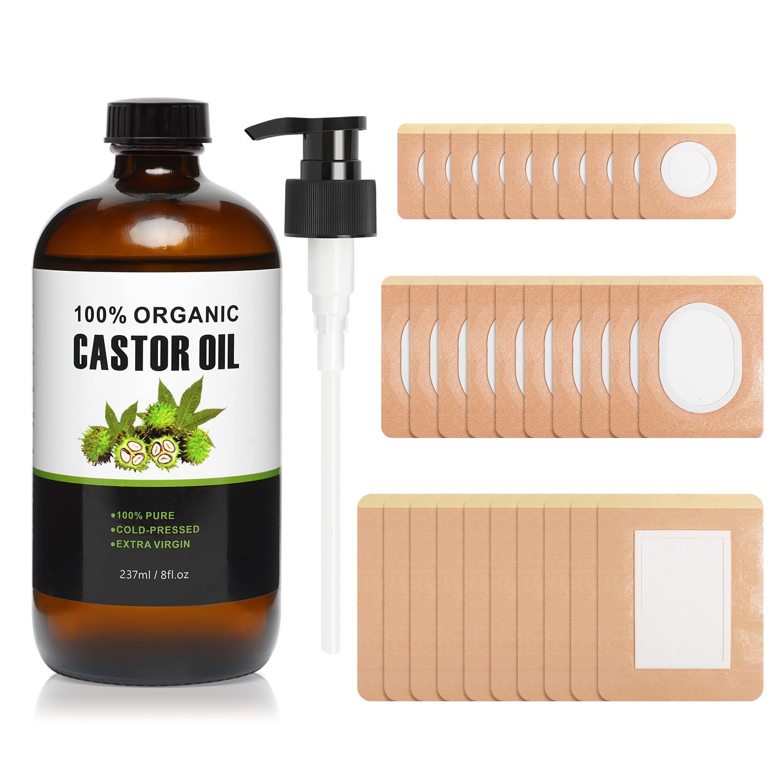 30Pcs Castor Oil Pack Wrap, Organic Cotton Castor Oil Patches and 8oz Organic Castor Oils Glass Bottle for Waist Knees Neck Belly Arms