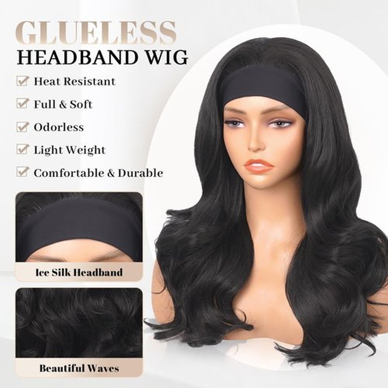 Aminow Wavy Headband Wig Synthetic Body Wave Headband Wigs for Black Women Glueless Half Wig Soft & Natural as Human Hair (Natural Black, 20 Inch)
