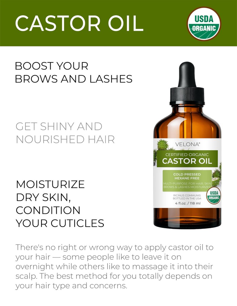 velona USDA Certified Organic Castor Oil - 4 fl oz (With Dropper) | For Hair, Boost Eyelashes, Eyebrows | Cold pressed, Natural Oil USP Grade | Hexane Free