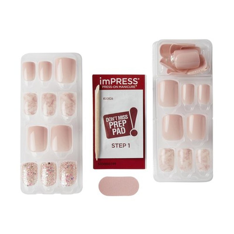 KISS imPRESS No Glue Mani Press On Nails, Design, 'Just a Dream', Pink, Short Size, Squoval Shape, Includes 30 Nails, Prep Pad, Instructions Sheet, 1 Manicure Stick, 1 Mini File