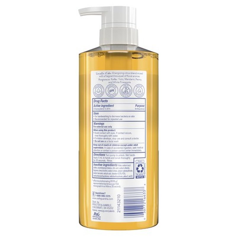 Safeguard Antibacterial Liquid Hand Soap, Micellar Deep Cleansing, Washes Away 99% Bacteria, Made with Natural Moisturizers & Skin Conditioners, PH Balanced, Sparkling Citrus Scent 15.5 oz (Pack of 4)
