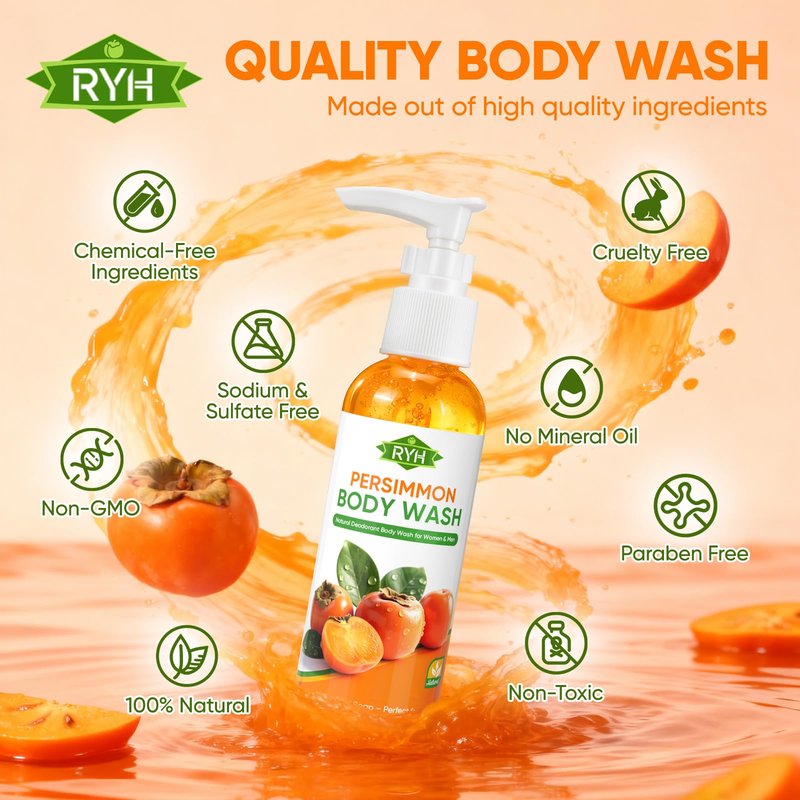 RYH Persimmon Body Wash for Body Odor Control – Natural Deodorant Soap for Eliminating Odor, Smelly Feet Deodorant Body Odor Eliminator, Gentle on All Skin Types, Persimmon Shower Gel for Women & Men
