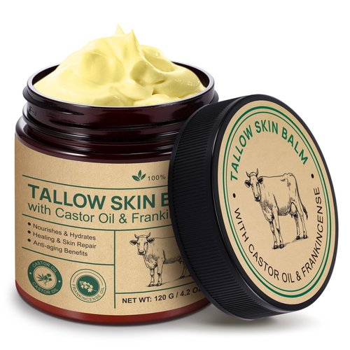 CSDLQNF Beef Tallow Balm with Castor Oil & Frankincense – 100% Grass-Fed Beef Tallow Moisturizer for Face & Body Care – Nourishing Skin Balm to Repair Dry Skin, 4.2 oz