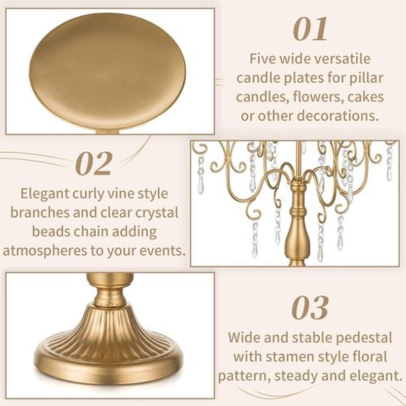 Sziqiqi Gold Candelabra Centerpiece - 5 Arm Pillar Candle Holder with Crystal Beads for Weddings & Events