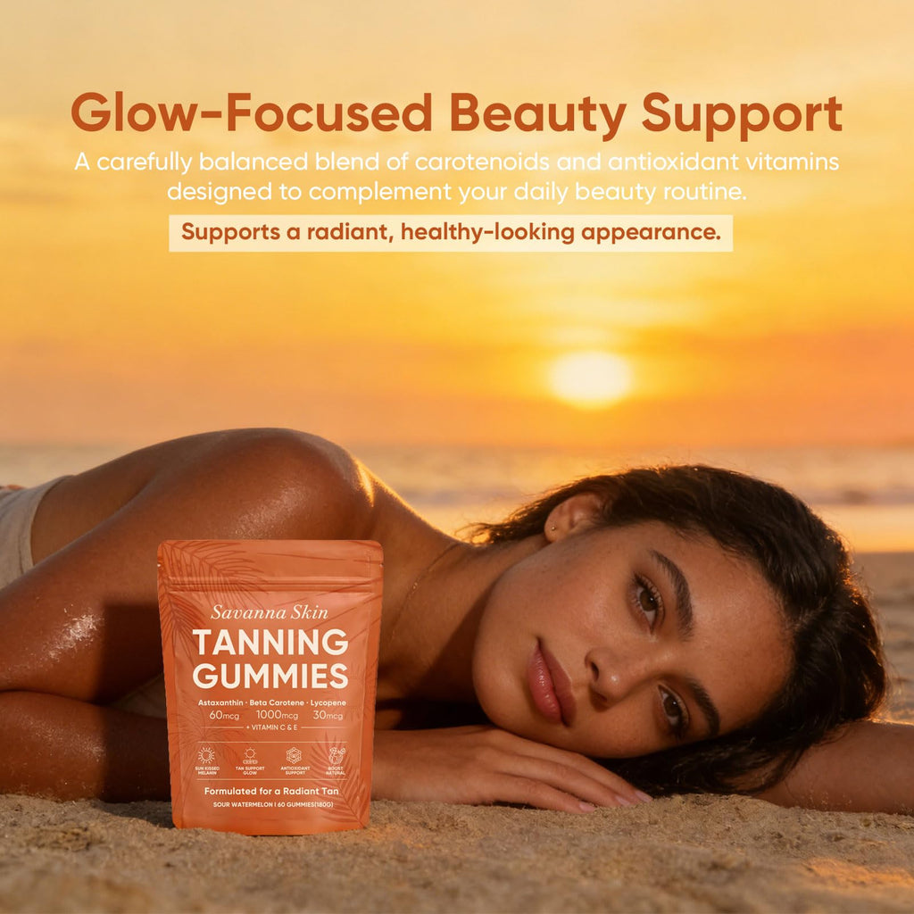Boaccy Savanna Skin Tanning Gummies, Astaxanthin, Beta Carotene & Lycopene Blend with Vitamins C & E, Radiant Healthy Skin, Sour Watermelon Flavor, Vegan & Sugar-Free, 60 Count
