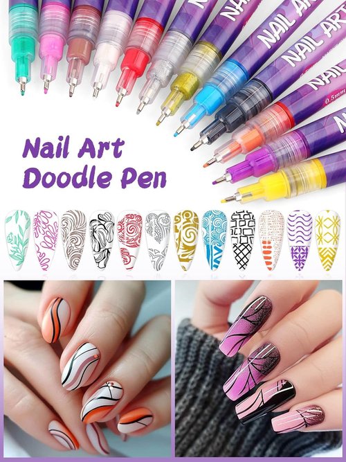 EBANKU 12 Colors Nail Art Pens Set, 3D 0.5MM Nail Polish Pens Graffiti Dotting Pen Quick-Drying Acrylic Nail Paint Liner Pen Tools for DIY Nail Art Manicure Tools