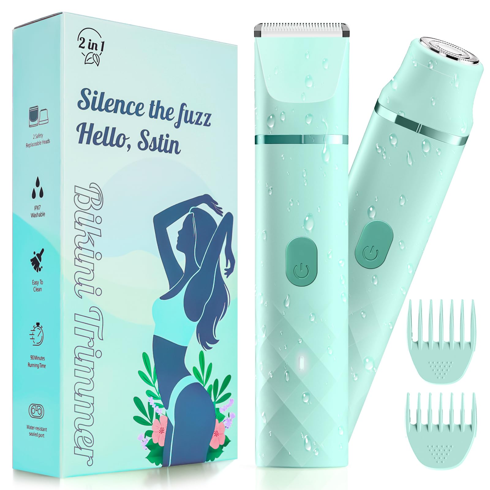 Bikini Trimmer for Women, IPX7 Waterproof, Painless Rechargeable Electric Razor Remover, 2-in-1 Facial & Pubic Hair Removal for Sensitive Skin, Portable Travel Size, Women’s Gift, Green