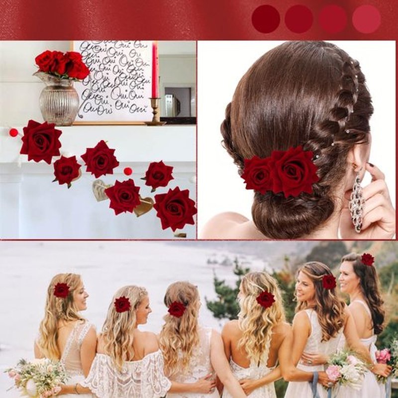 Ahoney Red Rose Hair Clips Set - 6 Pieces Floral Alligator Clips in 3 Sizes for Women, Girls, Mother's Day, Halloween, Prom, and Hair Decor (Red)