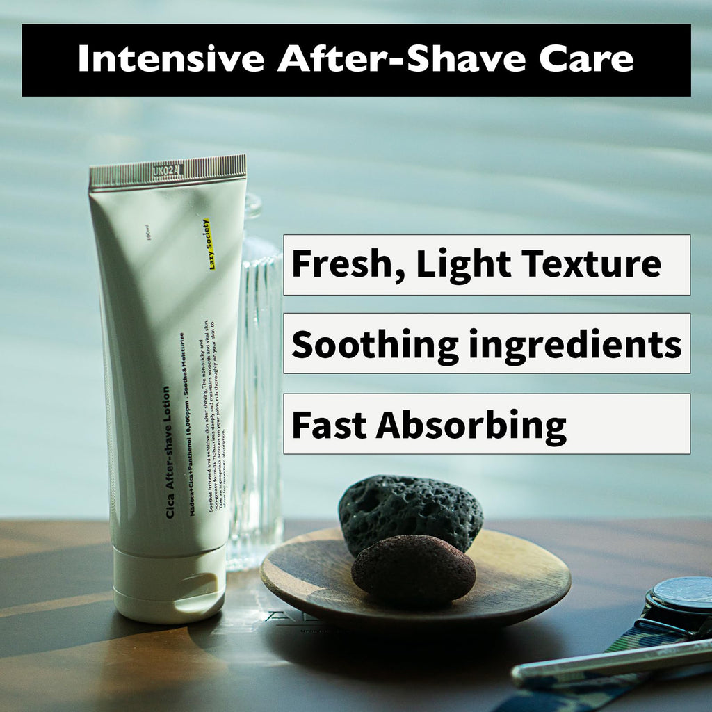 Lazy Society Cica Aftershave Lotion for Men - Instant Razor Burn & Bump Relief, Non-Greasy Soothing Post-Shave Moisturizer with Centella Asiatica & Panthenol, 3.38 fl oz. 100ml