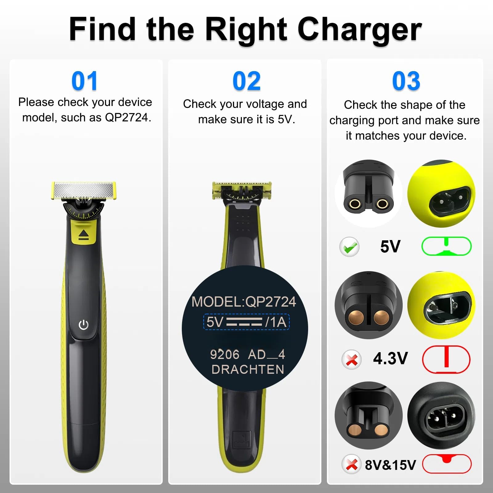 IBERLS 5V Charger Only Compatible with Philips One Blade 360 QP2724 QP2834 QP4530 QP4631 MG7910 MG7930 MG7950 MG5910 MG9510 MG9520 MG9525 X3001 Electric Shaver Razor, Replacement Power Adapter