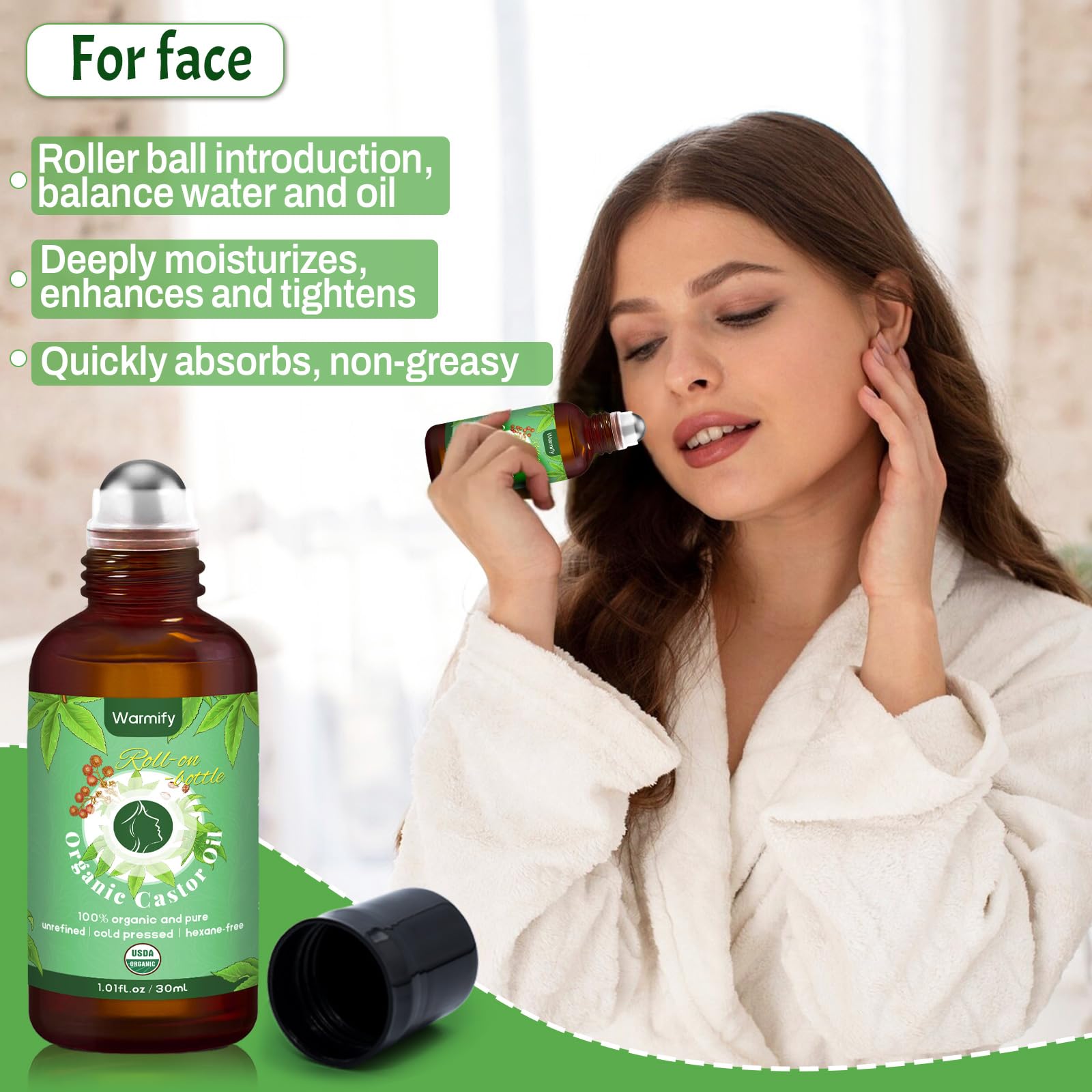 Warmify 2-in-1 Castor Oil Roll On for Face & Hands, Organic Cold Pressed, Hexane-Free, Unrefined Glass Bottle – Targeted Roller Balls for Eye, Lip, Skin, Nail & Cuticle Care – 2 x 1 fl.oz