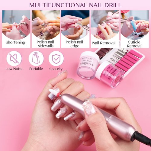SAVILAND Acrylic Nail Kit with Drill for Beginners - 0.5oz Clear White Pink Acrylic Powder and Liquid Set Nail Brushes Professional Nails Kit Set Home DIY Extension Carving