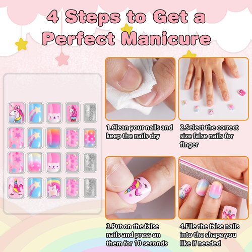 SIUSIO 6 Pack Press on Nails kids Children Acrylic Fake Nails Cute Pre-glue Full Cover Gradient Color Rainbow Short Stick On False Nail Art Kits Set for Kids Little Girls - Rainbow Dream