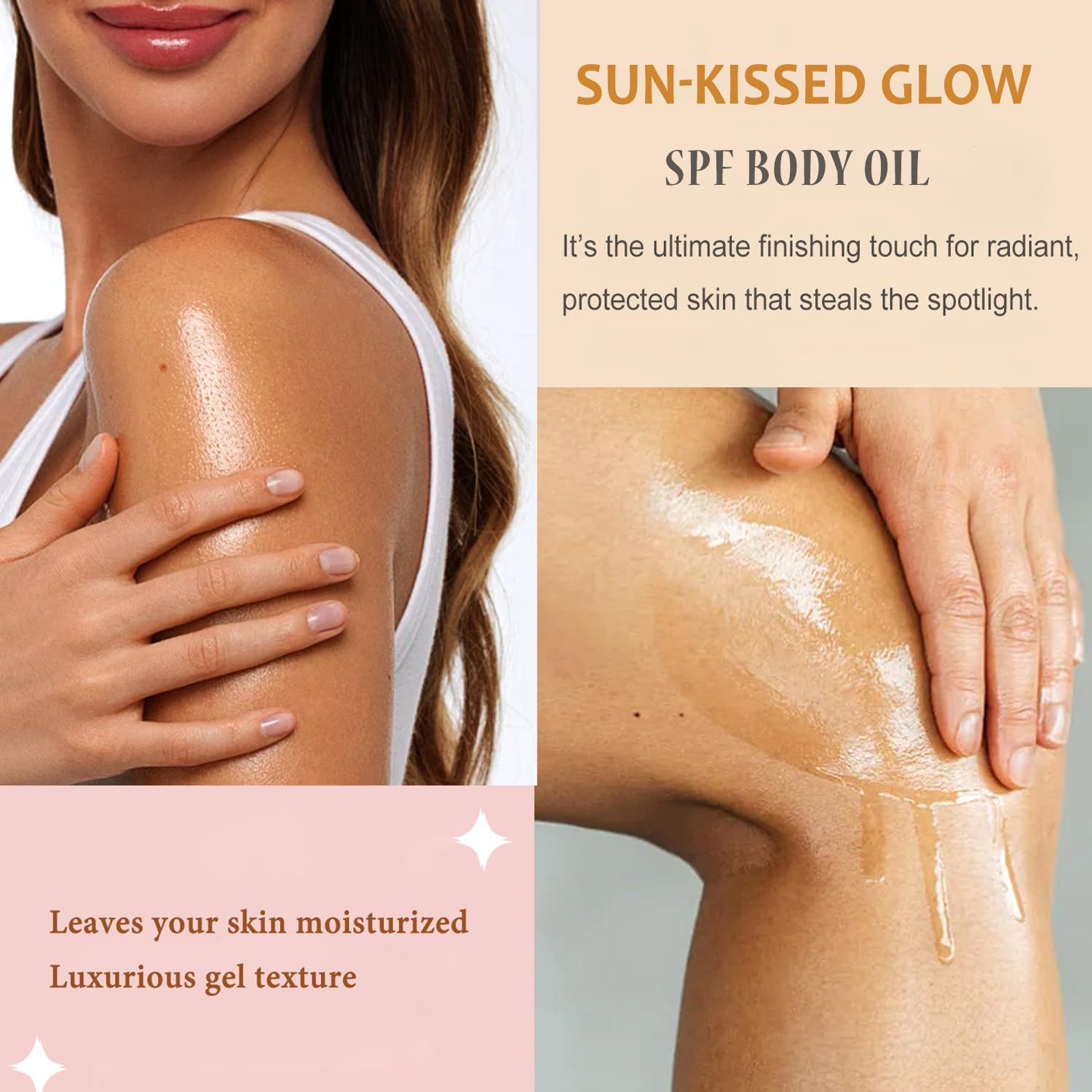 Body Glow Oil, SPF45 Sunscreen Body Oil Shimmer Moisturizing with Coconut Oil Nourishing Glowing Skin, Body Shimmering Oils for Face & Body, Lightweight, Non-Greasy