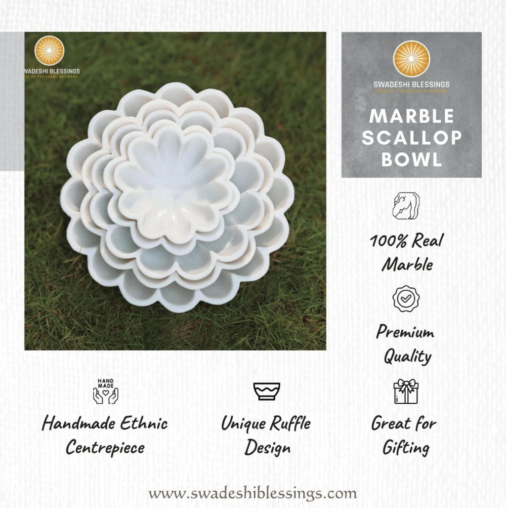 SWADESHI BLESSINGS HandCrafted Marble Decorative Bowl | White Ruffle Scalloped Fluted Key/Fruit Ring Dish | Organic Modern Home Decor (6 Inches)