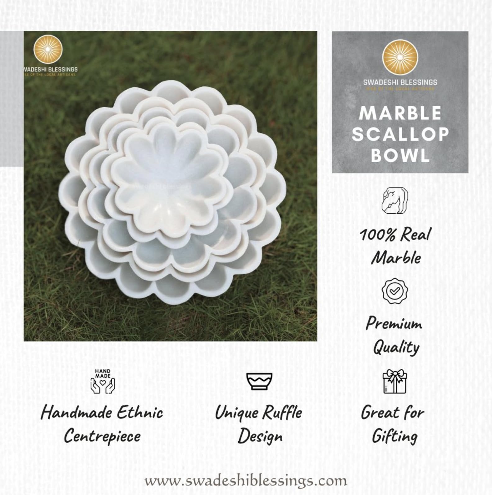 SWADESHI BLESSINGS HandCrafted Marble Decorative Bowl | White Ruffle Scalloped Fluted Key/Fruit Ring Dish | Organic Modern Home Decor (6 Inches)
