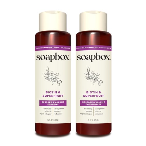 Soapbox Biotin & Superfruit Shampoo & Conditioner Set | Includes Vegan Collagen, Aloe and Shea Butter | Paraben Free, Silicone Free, Harsh Sulfate Free | 16oz (Pack of 2)